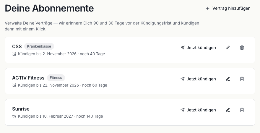 Die Vertragsübersicht mit Fristen und Erinnerungen