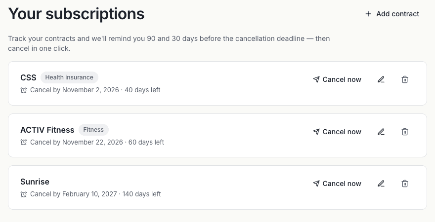 The contract overview with deadlines and reminders