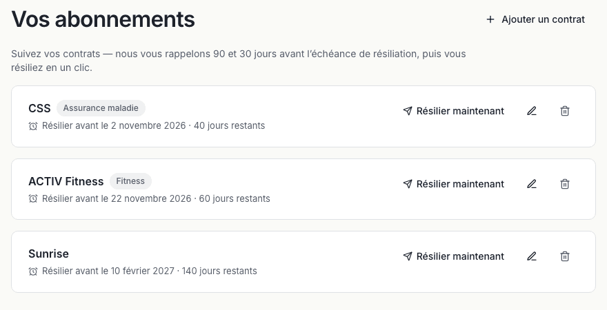 L'aperçu des contrats avec les délais et les rappels